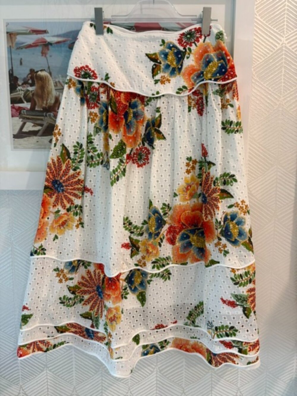 FARM Rio White Eyelet Midi Skirt with Orange, Blue & Green Floral Motif